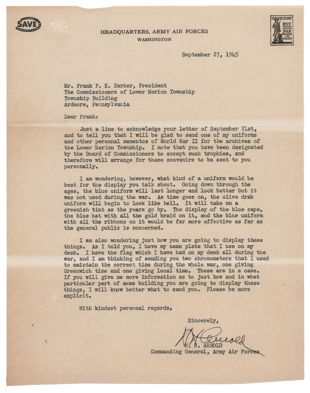Lot 48 Hap Arnold Typed Letter Signed on Donating His WWII Uniform and Personal Artifacts