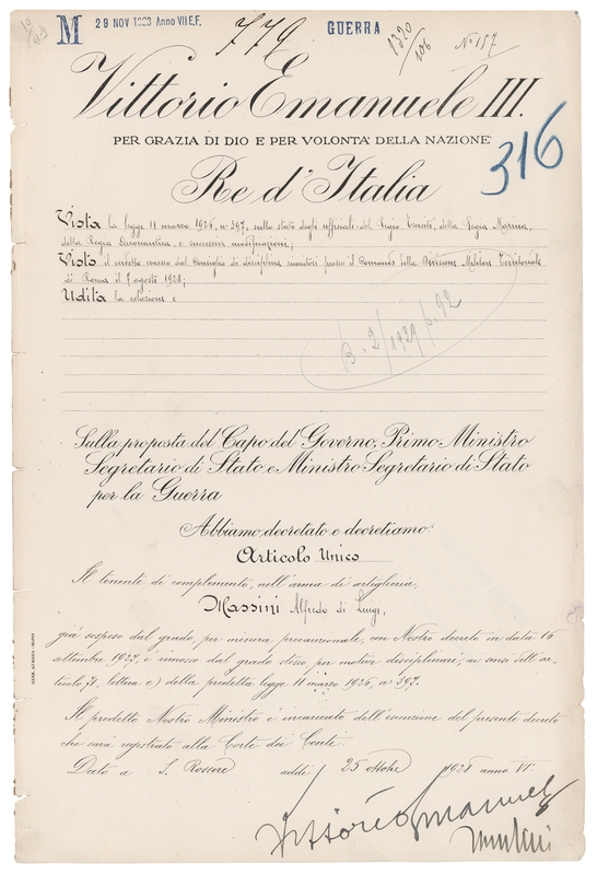 Lot 16 Benito Mussolini and Vittorio Emanuele III Document Signed - Removing an Officer's Rank for Disciplinary Reasons