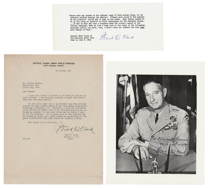 Lot 68 Mark W. Clark (3) Signed Items - Typed Letter, Quote, and Photograph