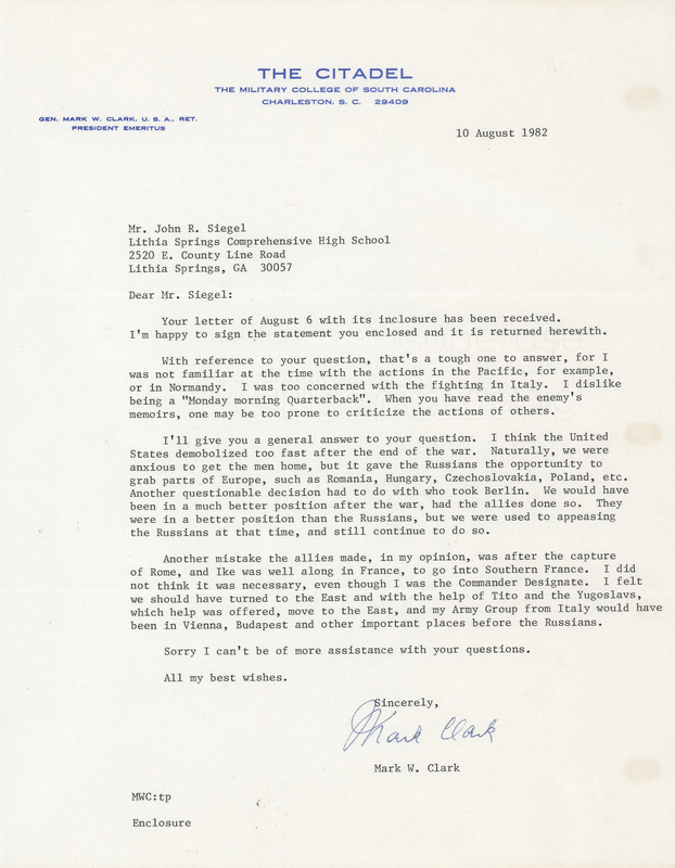 Lot 69 Mark W. Clark Typed Letter Signed, Criticizing Postwar Demobilization - “It gave the Russians the opportunity to grab parts of Europe”