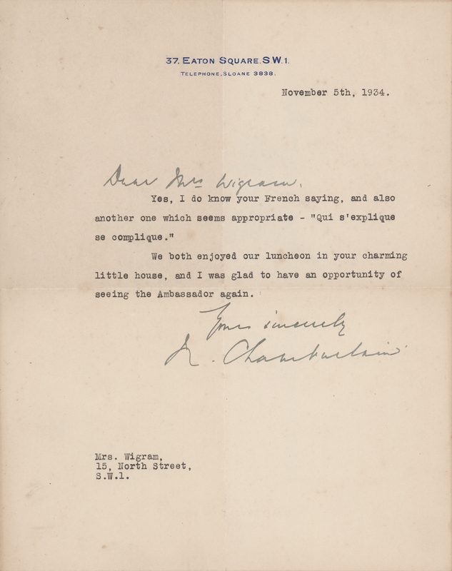Lot 19 Neville Chamberlain Typed Letter Signed to Ava Wigram, a Prominent Political Hostess