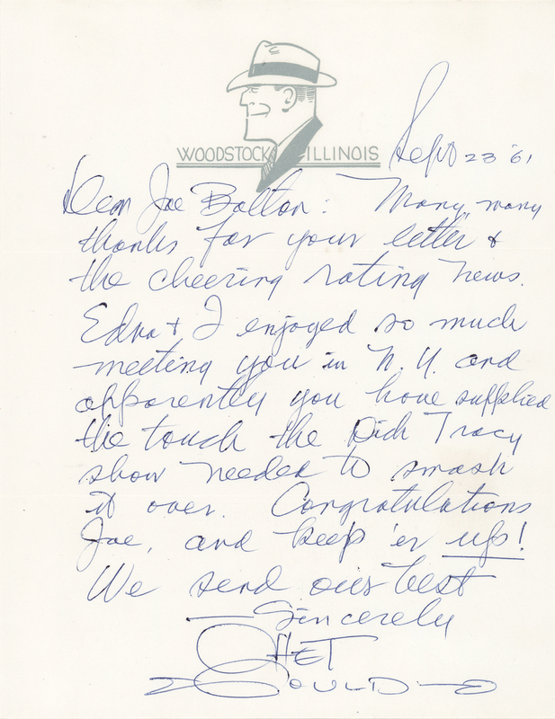 Lot 351 Chester Gould Autograph Letter Signed to the Host of The Dick Tracy Show