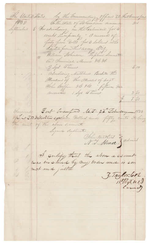 Lot 152 Zachary Taylor Document Signed at Fort Crawford
