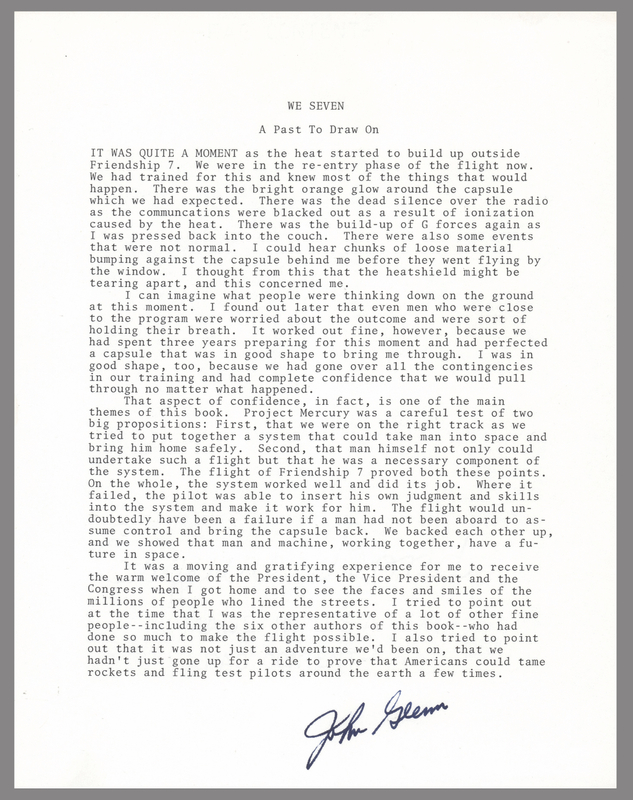 Lot 293 John Glenn Signed Souvenir Typescript - 'We Seven'