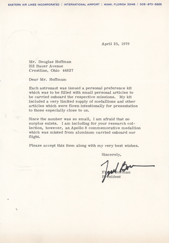 Lot 308 Frank Borman Typed Letter Signed, Explaining the Astronaut Personal Preference Kit