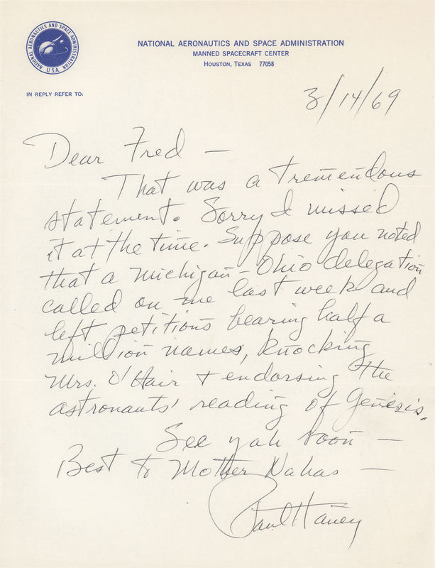Lot 281 Paul Haney Autograph Letter Signed on O'Hair's Apollo 8 Genesis Reading Lawsuit