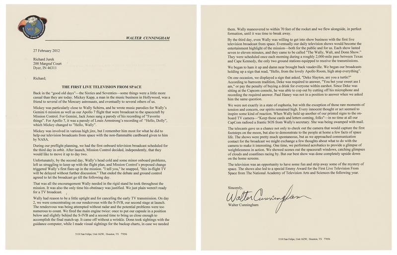 Lot 303 Walt Cunningham Typed Letter Signed on the Apollo 7 TV Broadcast