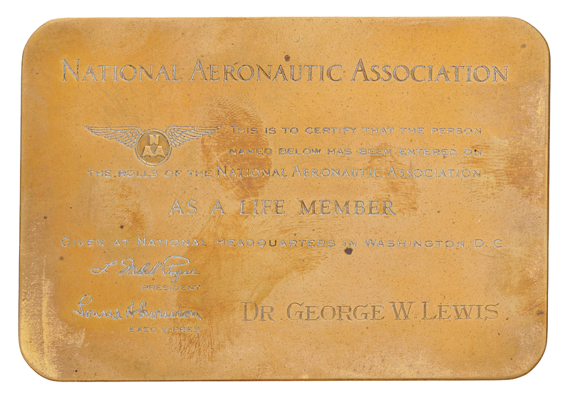 Lot 286 George W. Lewis National Aeronautic Association Brass Lifetime Membership Card