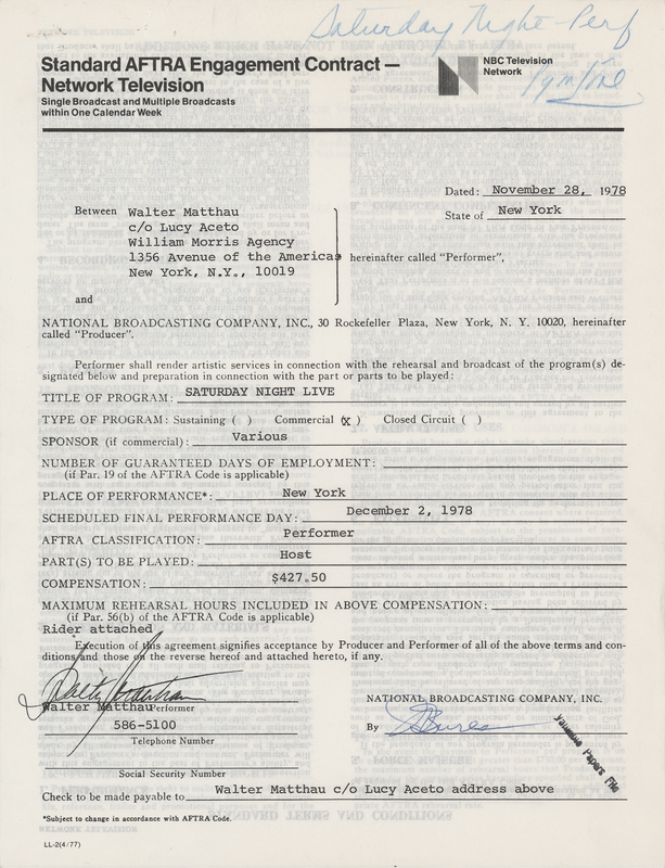 Lot 442 Walter Matthau Document Signed to Host Saturday Night Live