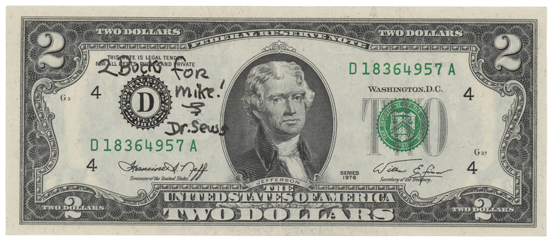 Lot 389 Dr. Seuss Signed $2 Dollar Bill