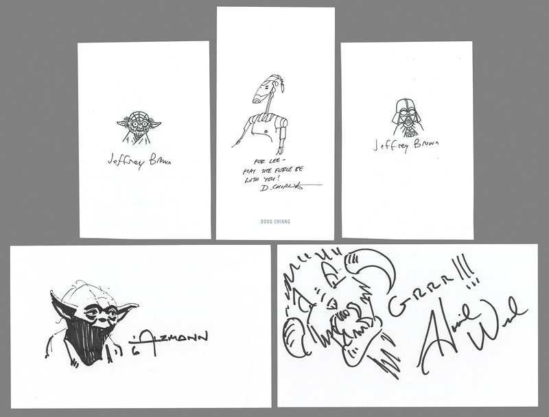 Lot 361 Star Wars Artists: (3) Signed Sketches and (2) Signatures