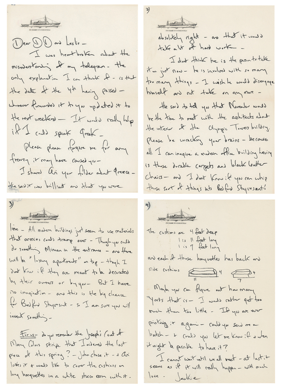 Lot 172 Jacqueline Kennedy Autograph Letter Signed on a Favored Fabric Selection - “John chose it, & Ari loves it”
