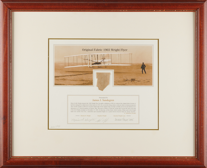 Lot 278 Wright Brothers: 1903 Wright Flyer Kitty Hawk Fabric Relic