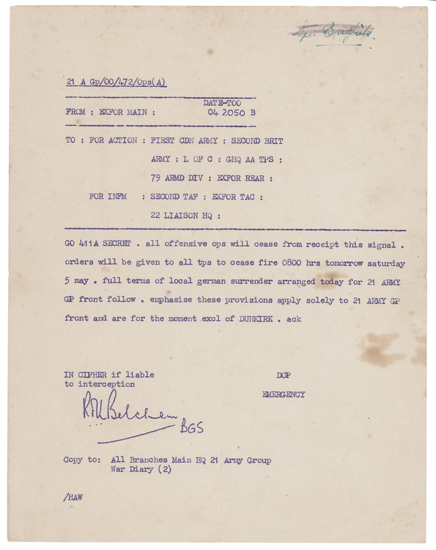 Lot 86 World War II: Mimeographed Field Order for Ceasefire in North Western Europe (1945)