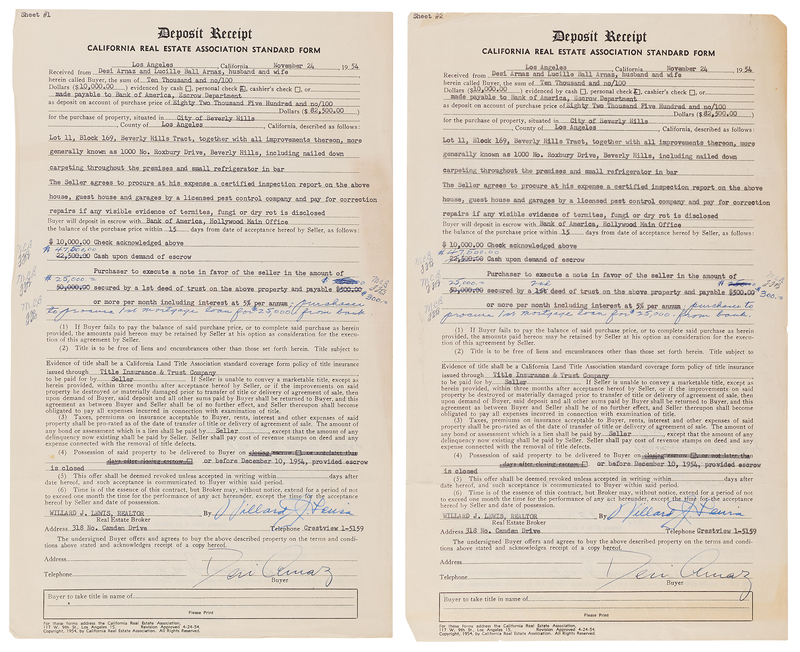 Lot 404 Desi Arnaz (2) Documents Signed for the Purchase of a Beverly Hills Mansion
