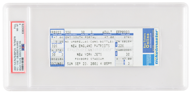 Lot 468 Tom Brady Patriots vs. Jets NFL Ticket (September 23, 2001) - PSA FULL NM-MT 8