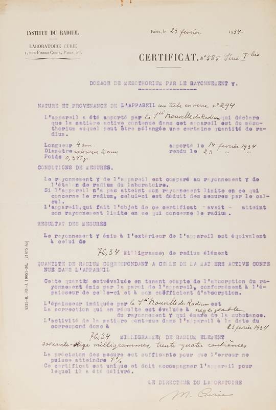 Lot 235 Marie Curie Document Signed - Radioactivity Results from Curie's Lab