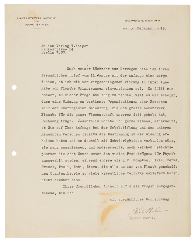 Lot 233 Niels Bohr Typed Letter Signed on Max Planck and Other Contributors to Quantum Theory
