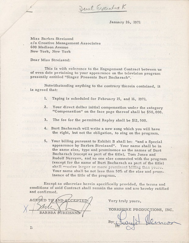 Lot 456 Barbra Streisand Twice-Signed Television Contract -  