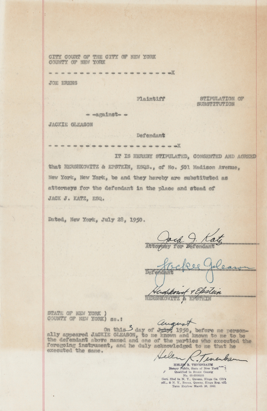 Lot 418 Jackie Gleason Signed Legal Document (1950)