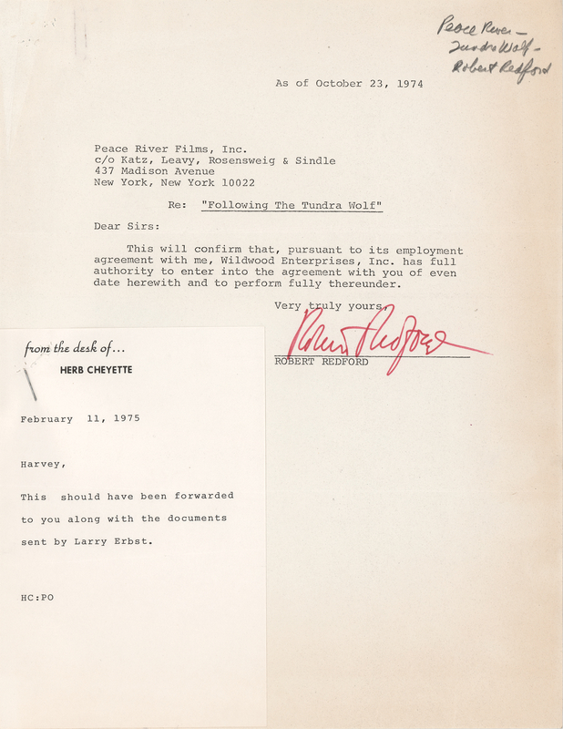 Lot 453 Robert Redford Signed Nature Documentary Contract - 'Following the Tundra Wolf' (1974)