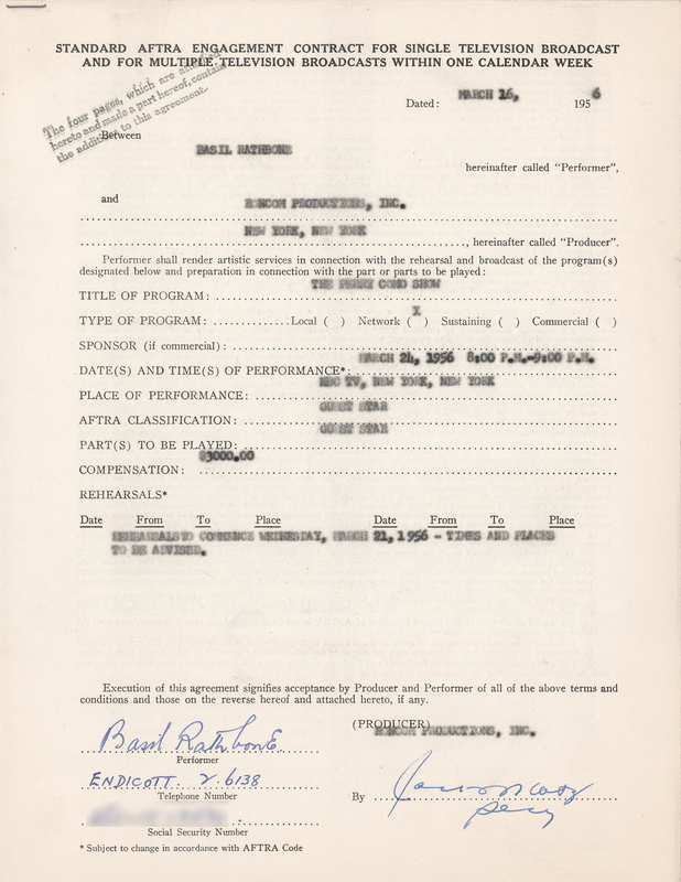 Lot 452 Basil Rathbone Signed Television Contract - 