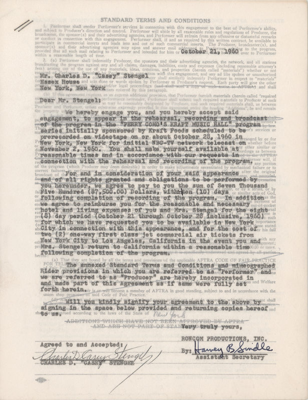 Lot 471 Casey Stengel Signed Television Contract - 