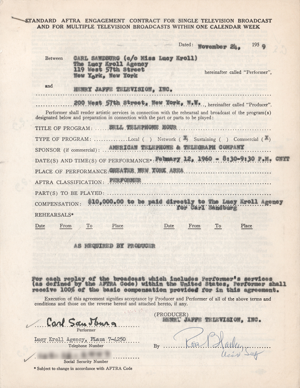 Lot 388 Carl Sandburg Signed Television Contract - 