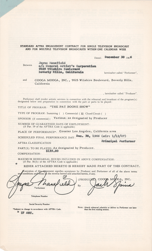 Lot 437 Jayne Mansfield Signed Television Contract - 