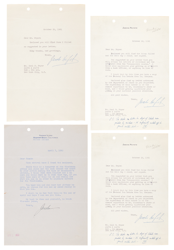 Lot 396 Jascha Heifetz (3) War-Dated Typed Letters Signed and Refugee Visa Archive Assisting Grigory Gluckmann’s Escape from Occupied France