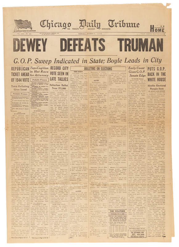 Lot 153 Harry S. Truman: 'Dewey Defeats Truman' Chicago Tribune Newspaper - An Iconic Front Page