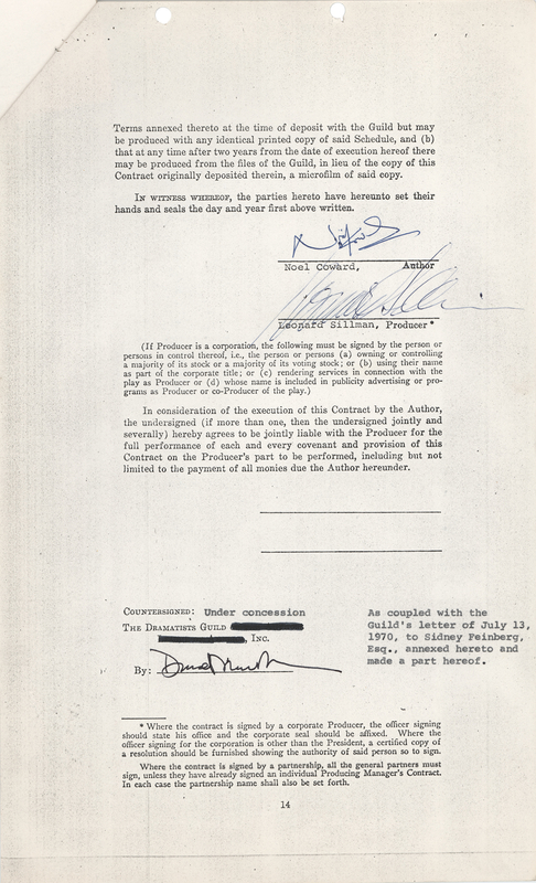Lot 383 Noel Coward Signed Contract for the Production of 'Hay Fever' (1970)