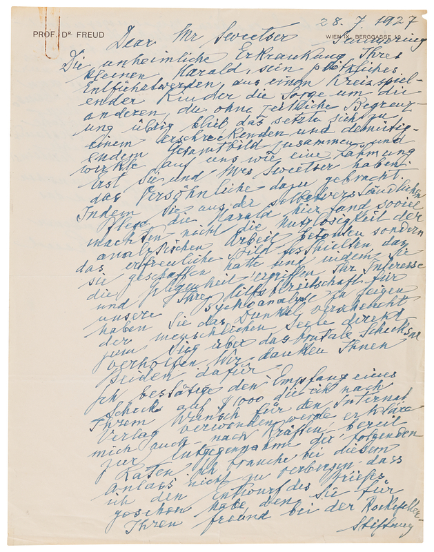 Lot 251 Sigmund Freud Autograph Letter Signed on the Psychoanalytic Treatment of a Child: 