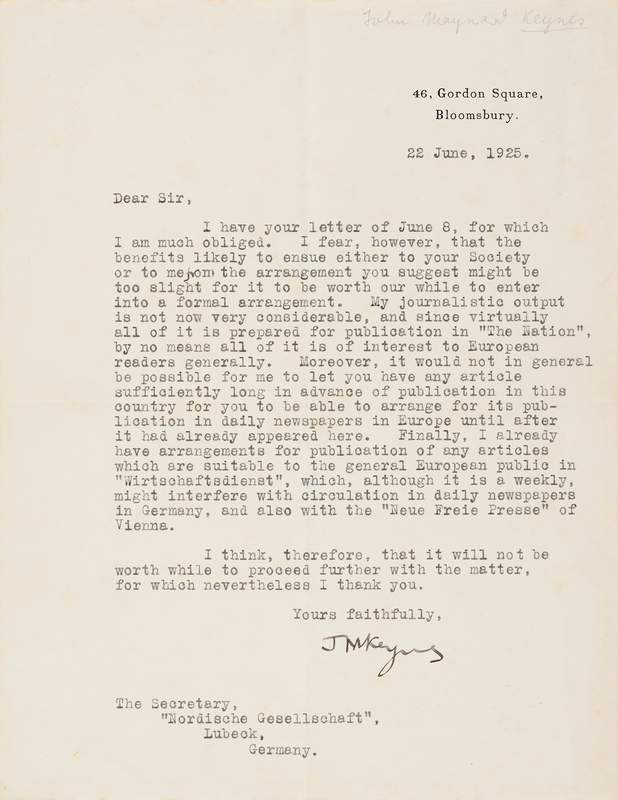 Lot 24 John Maynard Keynes Typed Letter Signed, Rejecting a Propaganda Role with the 'Nordische Gesellschaft'