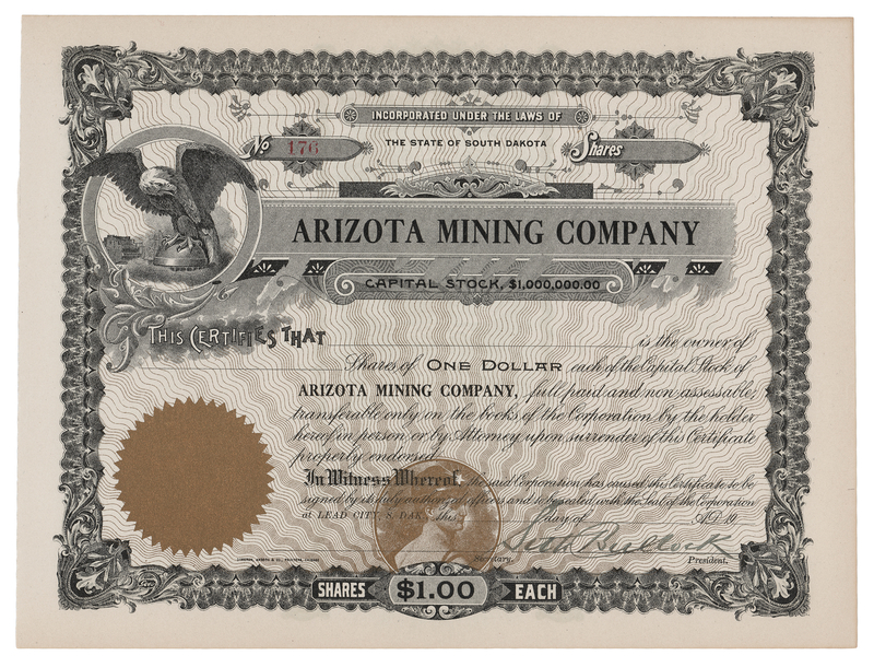 Lot 258 Seth Bullock Signed Stock Certificate for the Arizota Mining Company
