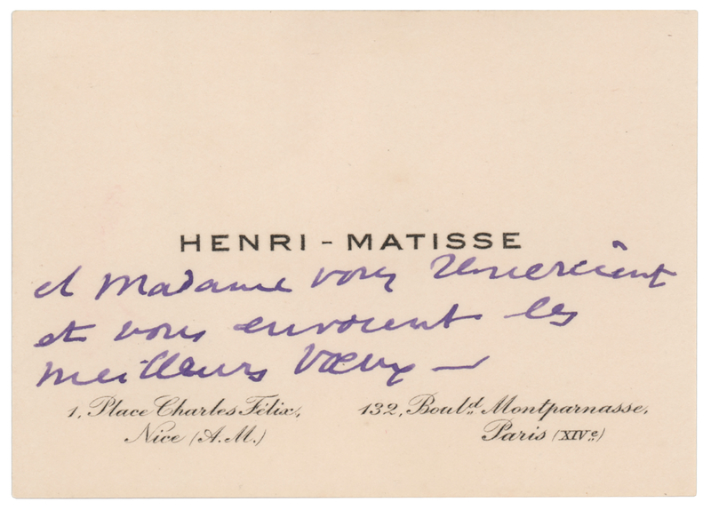 Lot 347 Henri Matisse Handwritten Note on Calling Card