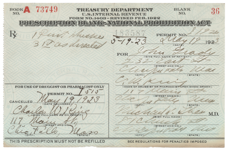 Lot 261 Prohibition: 1923 Liquor Prescription for Whiskey