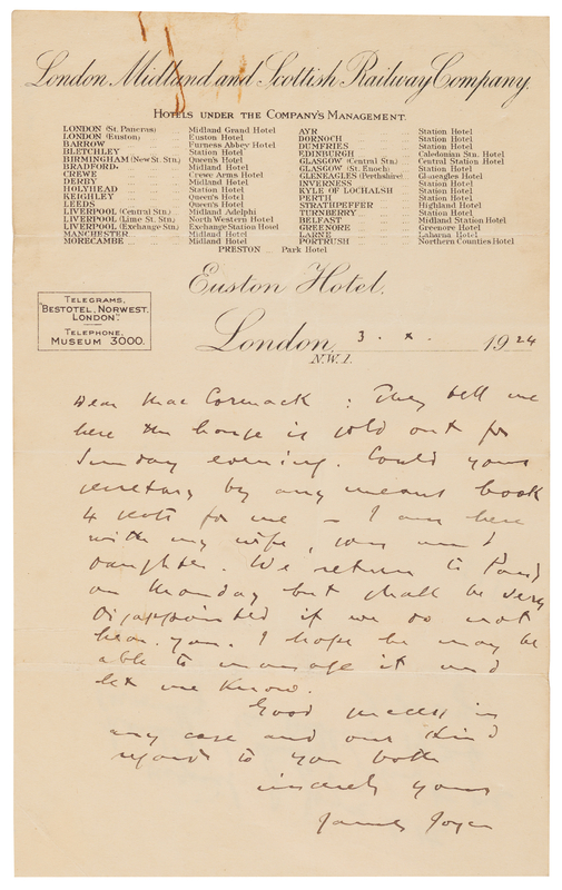 Lot 371 James Joyce Autograph Letter Signed to Irish Tenor John McCormack: 