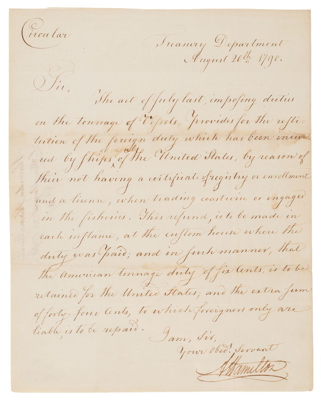 Lot 201 Alexander Hamilton Letter Signed as Treasury Secretary - Circular on the 1790 Tonnage Act, a Cornerstone of Early Federal Finance