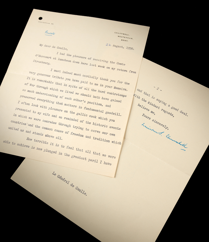 Lot 9 Winston Churchill Typed Letter Signed to Charles de Gaulle on Their Wartime Alliance and “the greatest peril I have ever known”