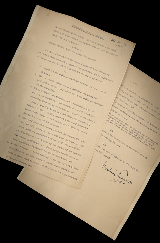Lot 123 Hartley Shawcross Signed Nuremberg Indictment for Nazi Propagandist Julius Streicher, with Nuremberg Prison Roster Signed by Burton C. Andrus