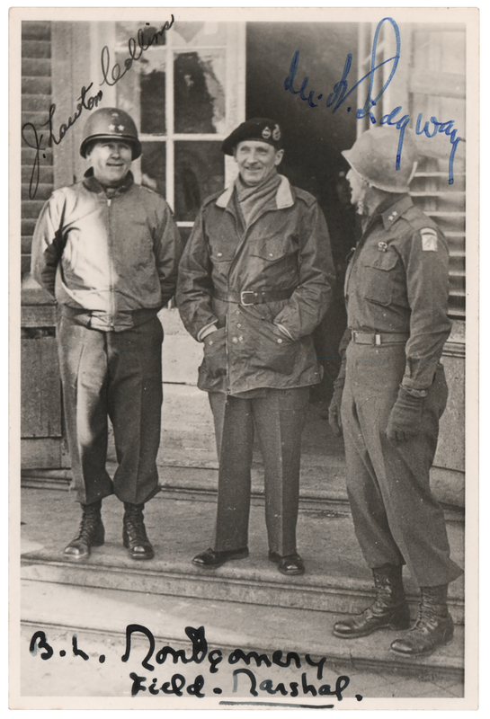 Lot 64 Bernard Montgomery, J. Lawton Collins, and Matthew Ridgway Signed Photograph - Battle of the Bulge HQ, December 1944