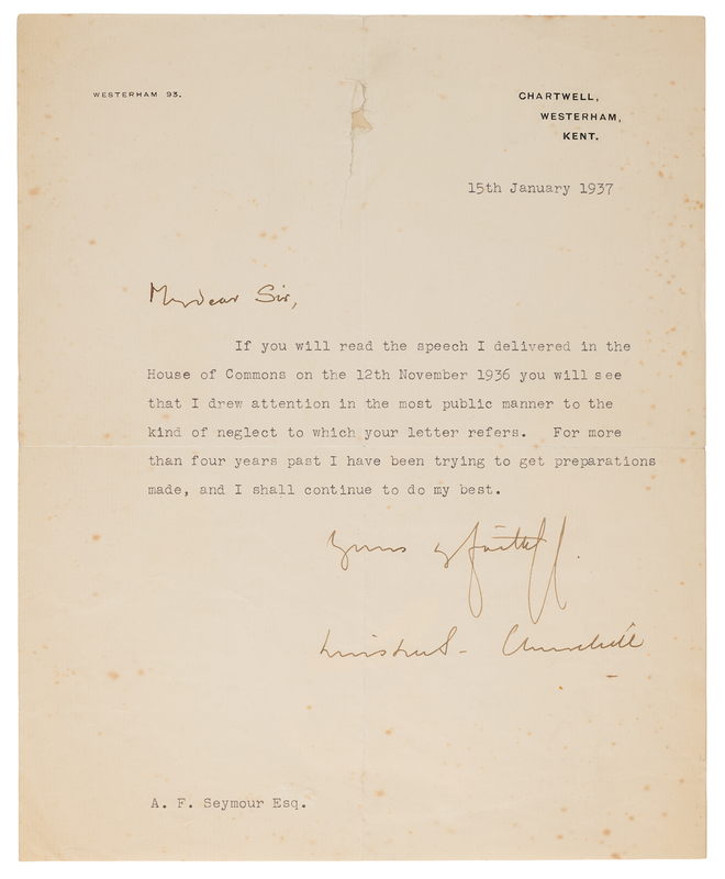 Lot 6 Winston Churchill Typed Letter Signed on Britain's Failure to Rearm in the Face of Accelerating German Military Expansion (1937)