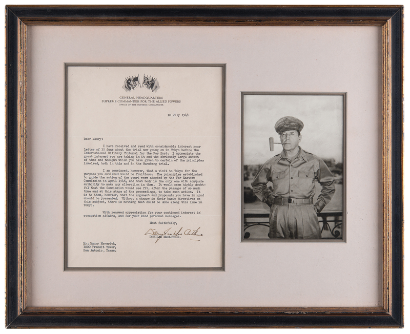 Lot 59 Douglas MacArthur Typed Letter Signed Addressing the Tokyo War Crimes Tribunal and “the Nurnberg trial”