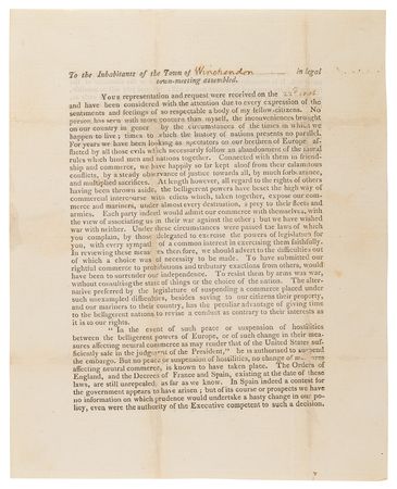 Lot #151 Thomas Jefferson Letter Signed as President on the Embargo Act of 1807: 
