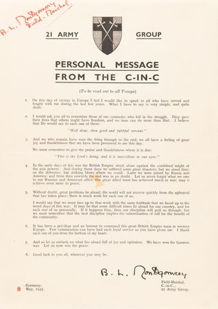 Lot #87 Montgomery of Alamein War-Dated Document Signed and Dated to ‘Victory in Europe Day’ (May 8, 1945) - Image 1
