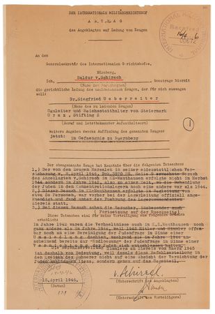 Lot #131 Nuremberg Trials: Baldur von Schirach Document Signed, Denying Knowledge of Nazi Extermination Camps: 