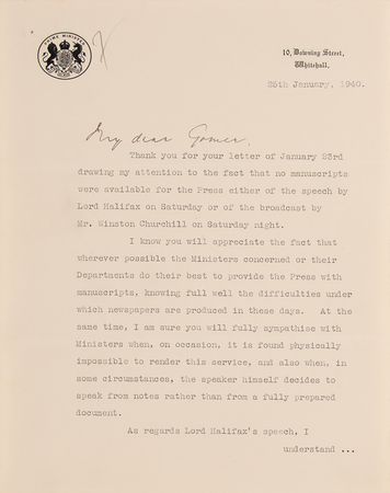Lot #21 Neville Chamberlain WWII-Dated Typed Letter Signed on Churchill's 'House of Many Mansions' Address - Image 2