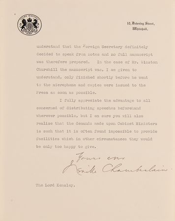 Lot #21 Neville Chamberlain WWII-Dated Typed Letter Signed on Churchill's 'House of Many Mansions' Address - Image 3