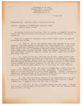 Lot #81 Anthony McAuliffe Typed Memorandum Signed re: a Hollywood Script on the Battle of the Bulge: 